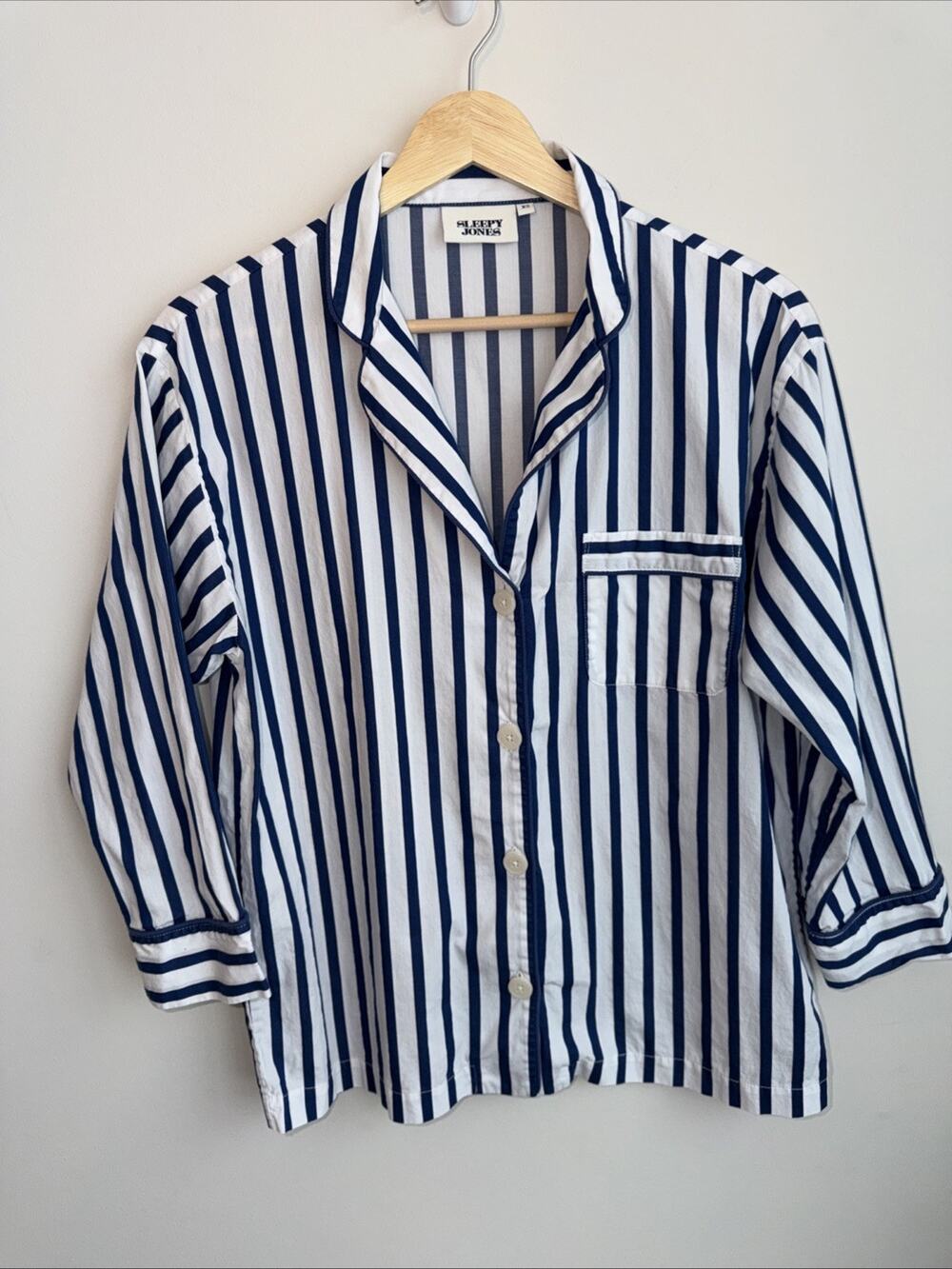Sleepy Jones Marina Button Down Pajama Shirt Top Striped Blue Size Extra Small